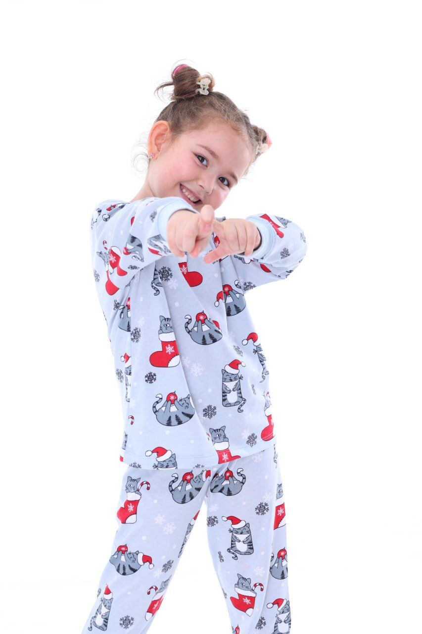 Yılbaşı Temalı %100 Pamuk Kedili Unisex Çocuk Pijama Takımı