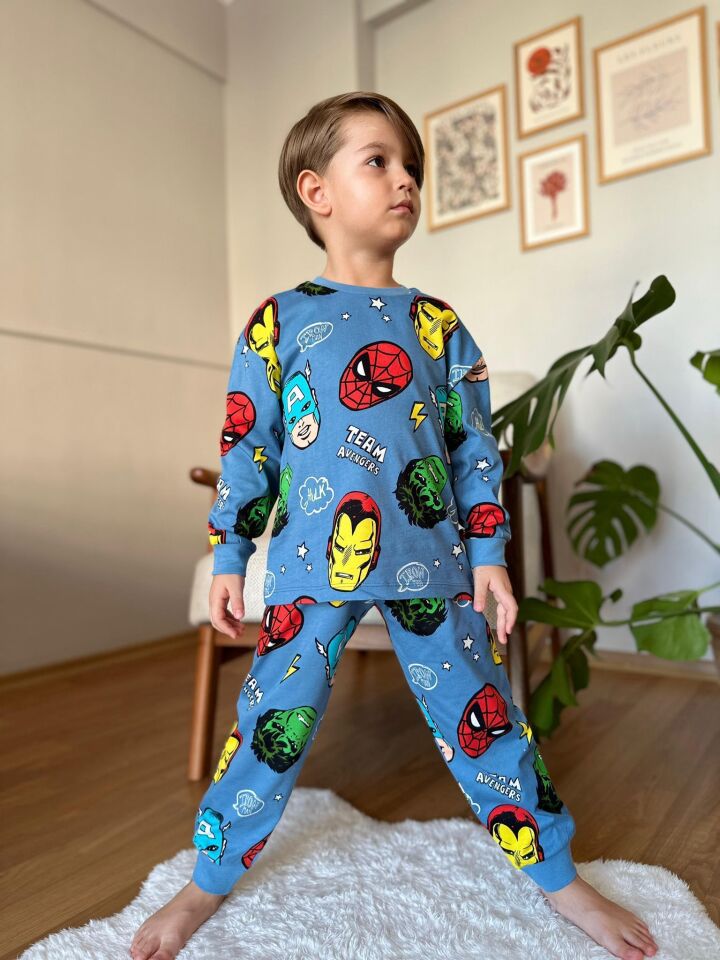 Super Kahraman Desenli Bisiklet Yaka Erkek Pijama Takımı