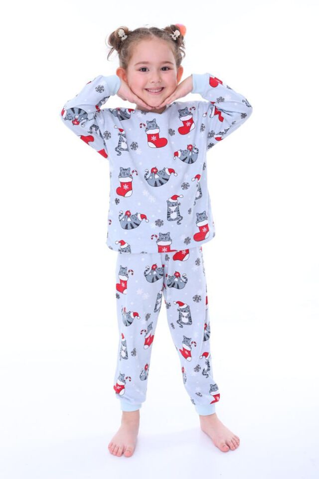 Yılbaşı Temalı %100 Pamuk Kedili Unisex Çocuk Pijama Takımı