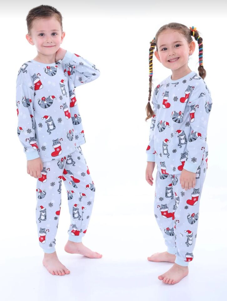 Yılbaşı Temalı %100 Pamuk Kedili Unisex Çocuk Pijama Takımı