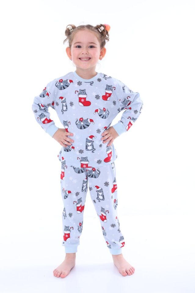 Yılbaşı Temalı %100 Pamuk Kedili Unisex Çocuk Pijama Takımı