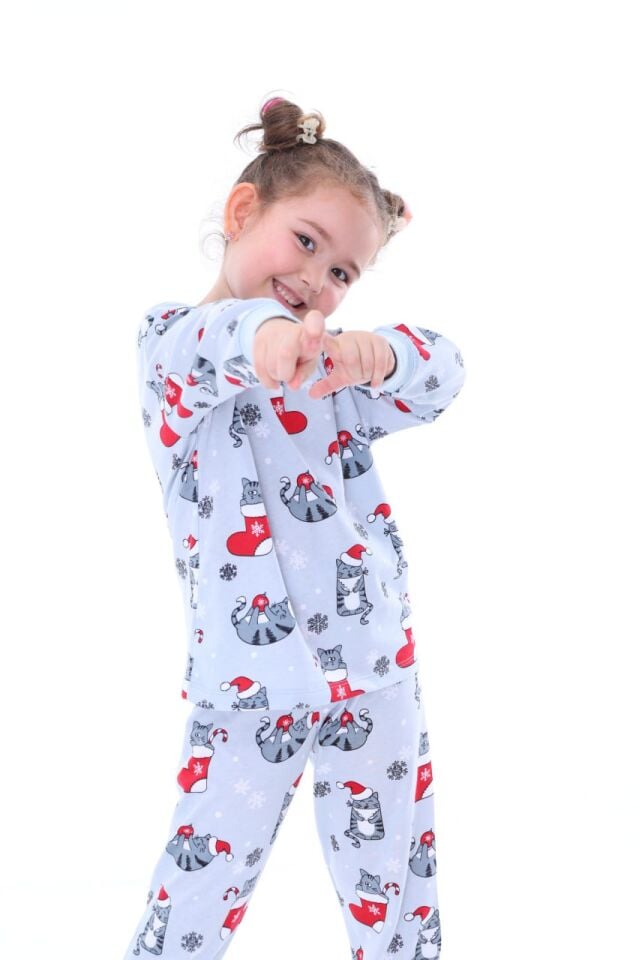 Yılbaşı Temalı %100 Pamuk Kedili Unisex Çocuk Pijama Takımı