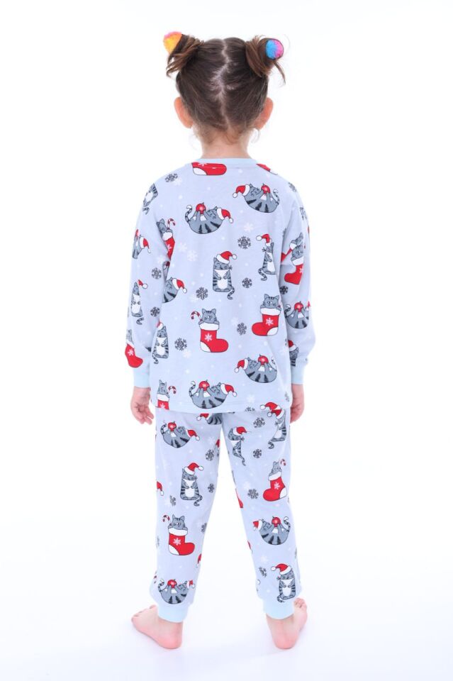 Yılbaşı Temalı %100 Pamuk Kedili Unisex Çocuk Pijama Takımı