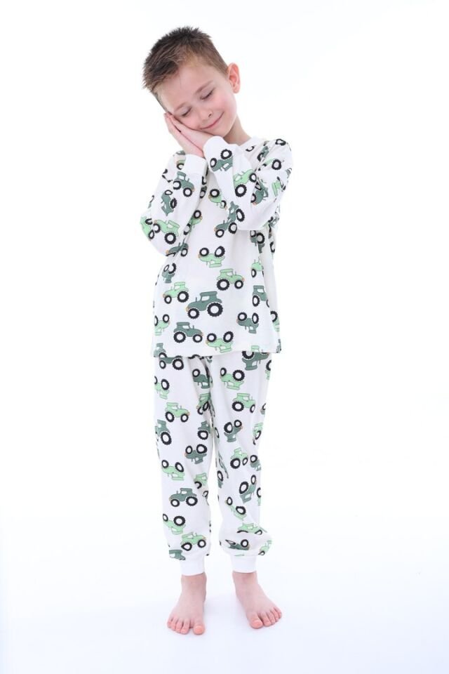 %100 Pamuk Yeşil Traktör Desenli Erkek Pijama Takımı