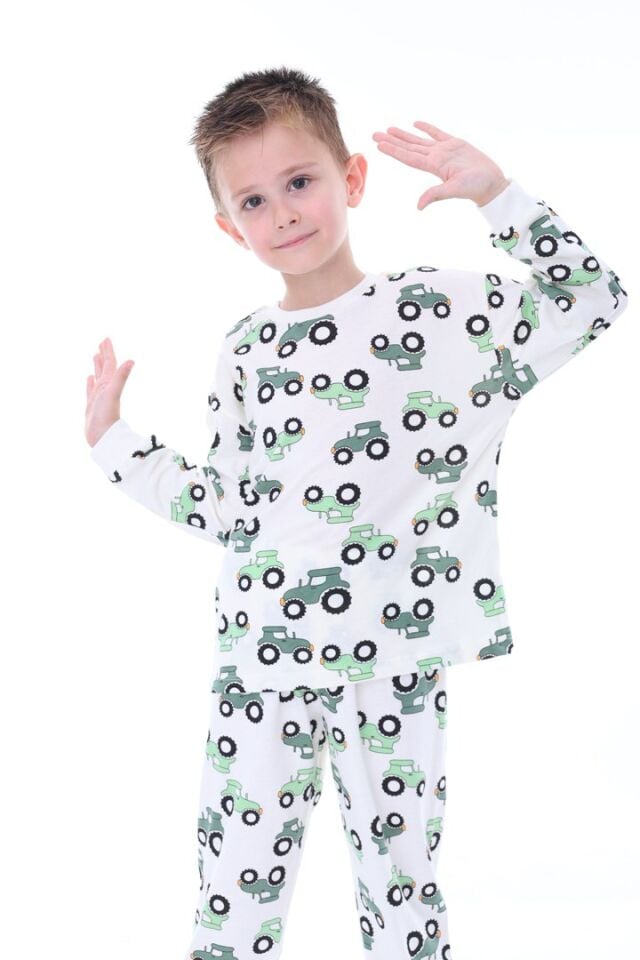 %100 Pamuk Yeşil Traktör Desenli Erkek Pijama Takımı