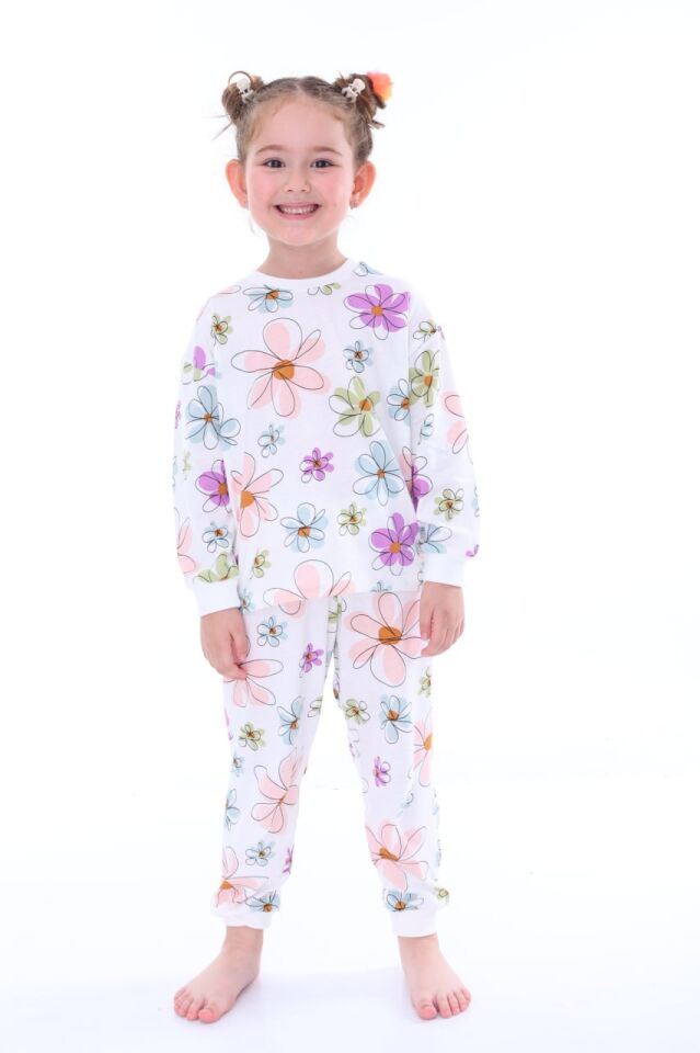 %100 Pamuk Papatya Desenli Kız Çocuk Pijama Takımı