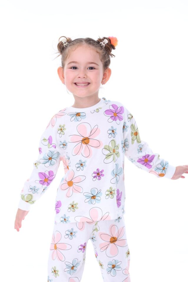 %100 Pamuk Papatya Desenli Kız Çocuk Pijama Takımı