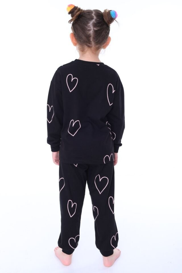 %100 Pamuk Kalp Desenli Siyah Bisiklet Yaka Kız Çocuk Pijama Takımı