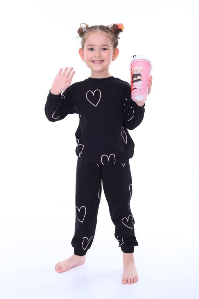 %100 Pamuk Kalp Desenli Siyah Bisiklet Yaka Kız Çocuk Pijama Takımı