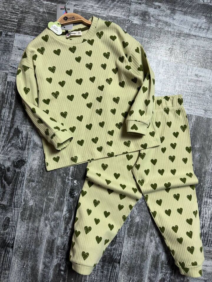 % 100 Pamuk Kalp Baskılı Fitilli Kız Pijama Takımı