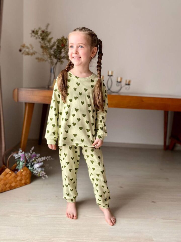 % 100 Pamuk Kalp Baskılı Fitilli Kız Pijama Takımı