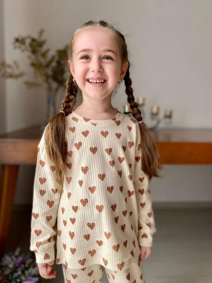 % 100 Pamuk Kalp Baskılı Fitilli Kız Pijama Takımı