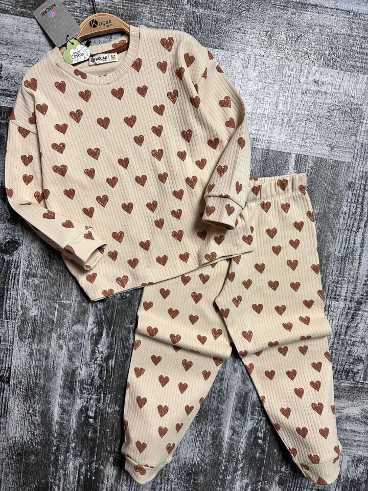 % 100 Pamuk Kalp Baskılı Fitilli Kız Pijama Takımı