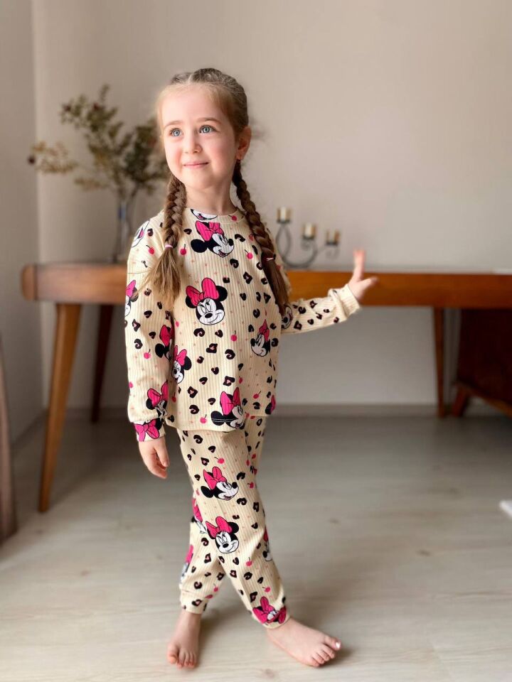 %100 Pamuk Minnie Fitilli Kız Pijama Takımı