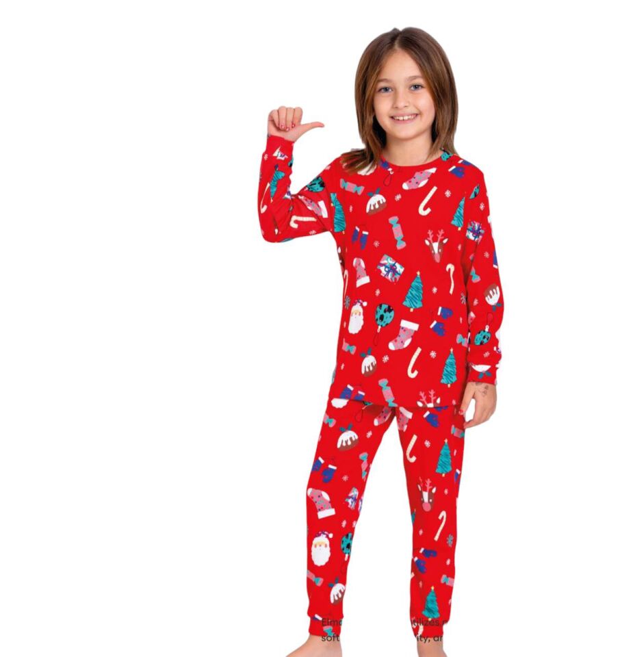 Yılbaşı Temalı Pamuk Unisex Çocuk Bisiklet Yaka Pijama Takımı