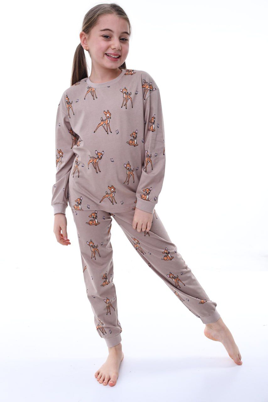 %100 Pamuk Ceylan Desenli Bisiklet Yaka Kız Çocuk Pijama Takımı