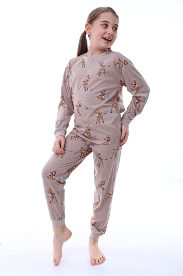 %100 Pamuk Ceylan Desenli Bisiklet Yaka Kız Çocuk Pijama Takımı