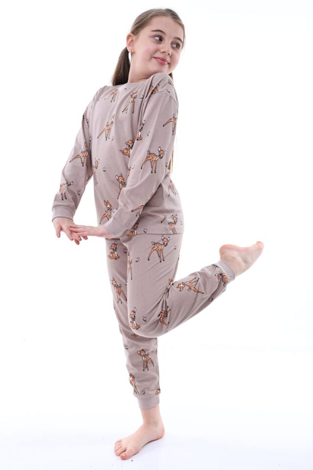 %100 Pamuk Ceylan Desenli Bisiklet Yaka Kız Çocuk Pijama Takımı