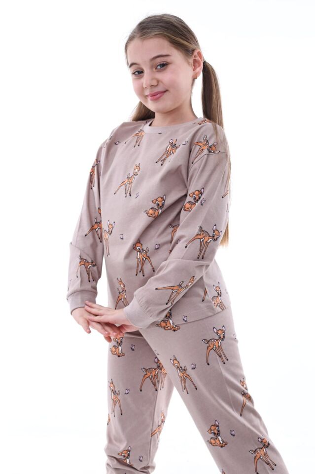 %100 Pamuk Ceylan Desenli Bisiklet Yaka Kız Çocuk Pijama Takımı