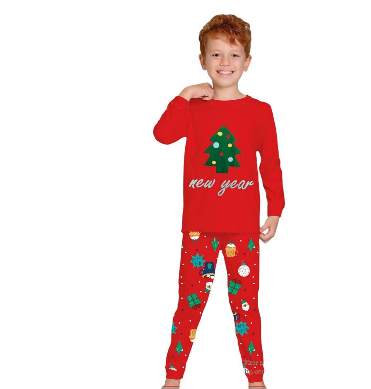 Yeni Yıl Çamı Temalı Pamuk Erkek Çocuk Bisiklet Yaka Pijama Takımı