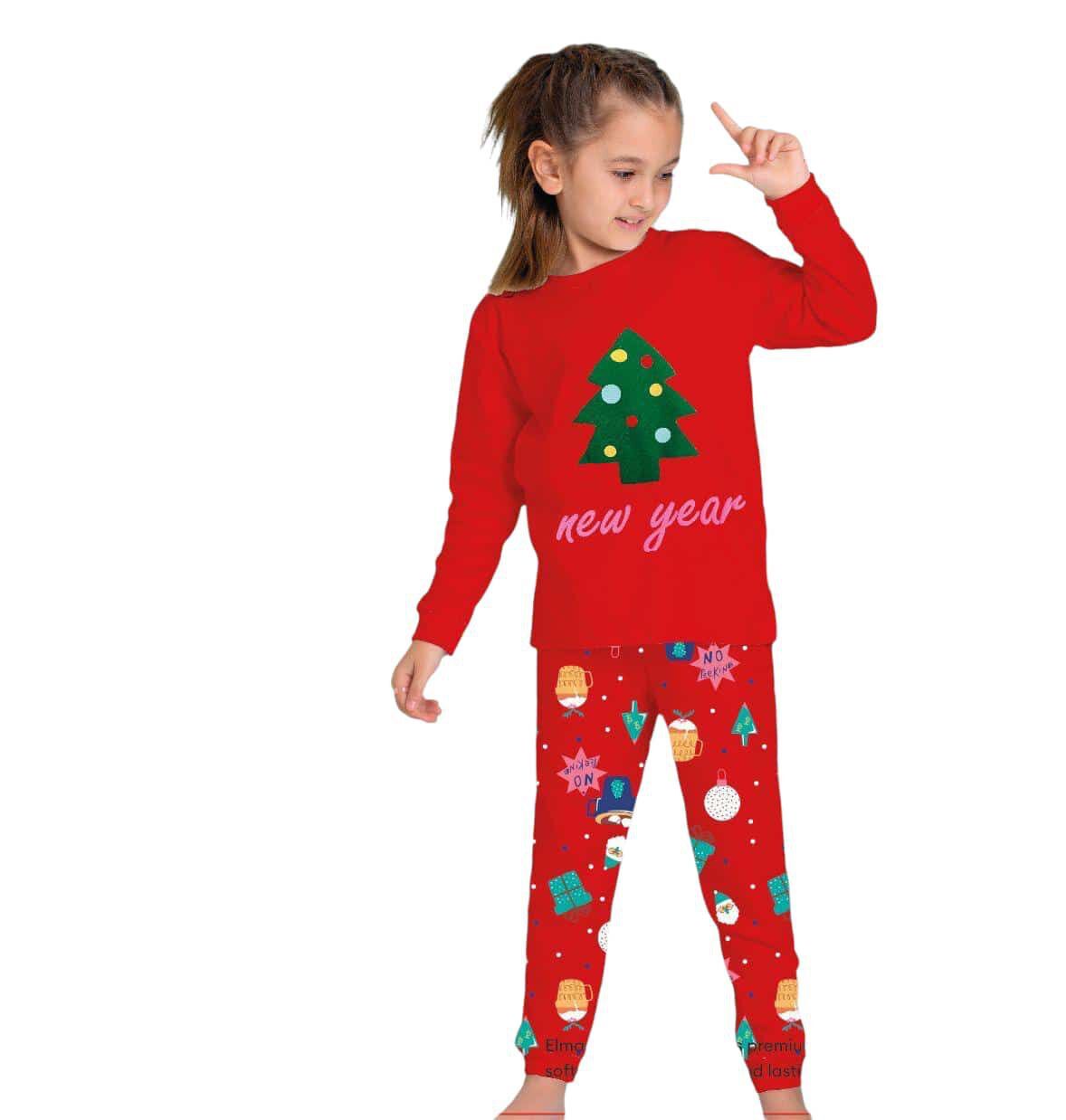 Yeni Yıl Çamı Temalı Pamuk Kız Çocuk Pijama Takımı