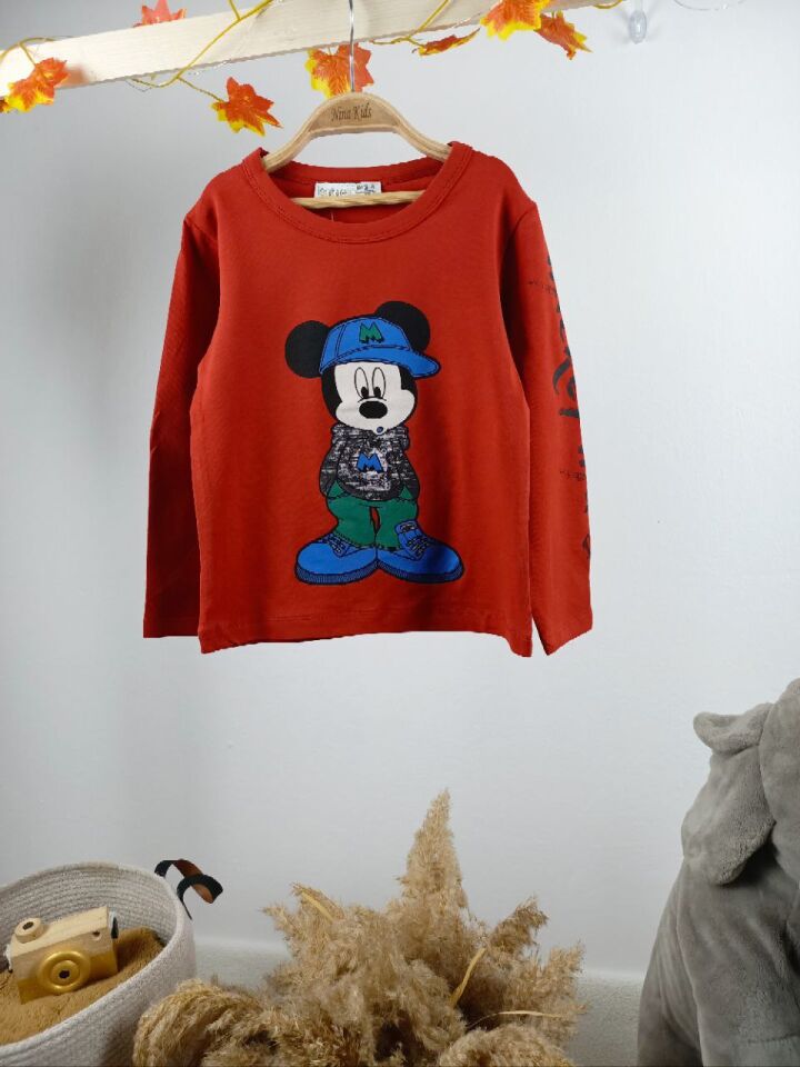 Unisex Mickey Mouse Desenli Bisiklet Yaka Sweatshirt (Sol Kolda Yazı Detaylı)
