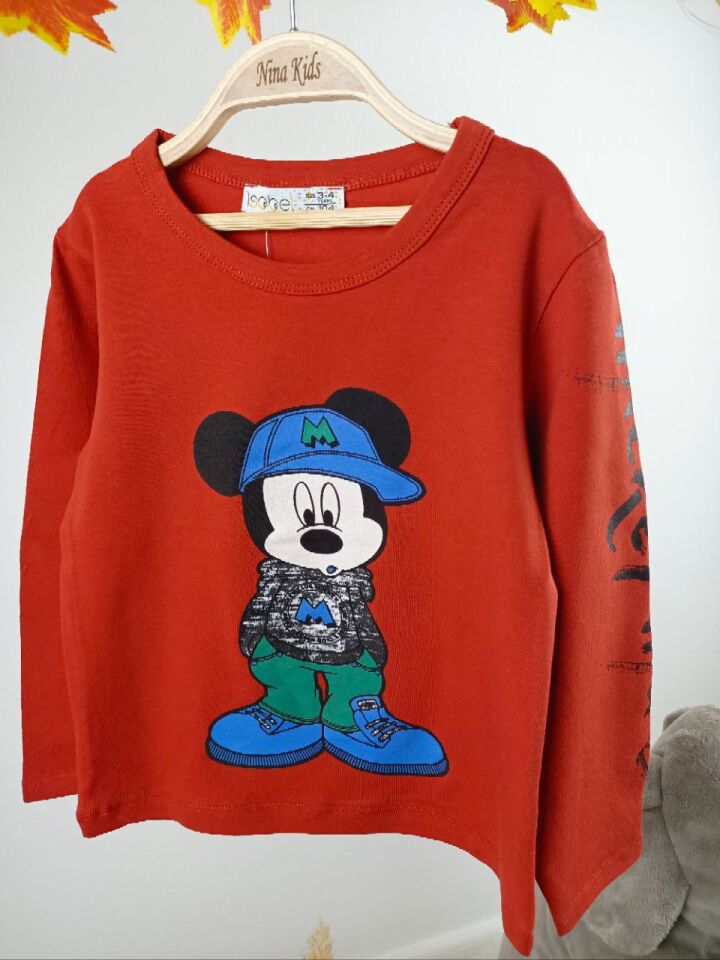 Unisex Mickey Mouse Desenli Bisiklet Yaka Sweatshirt (Sol Kolda Yazı Detaylı)