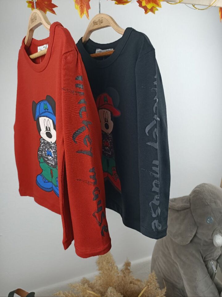 Unisex Mickey Mouse Desenli Bisiklet Yaka Sweatshirt (Sol Kolda Yazı Detaylı)