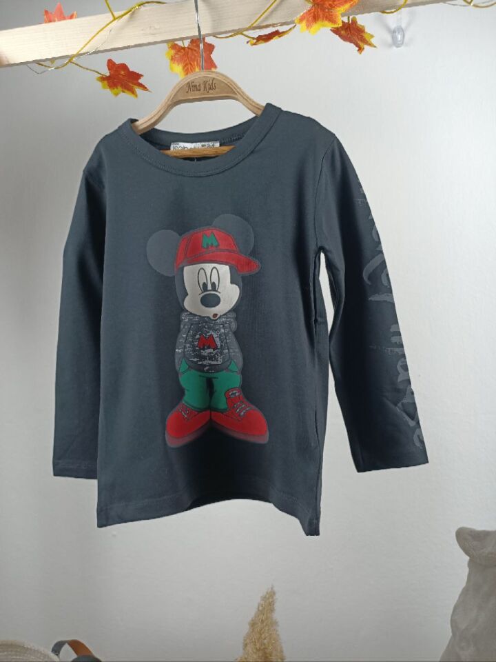 Unisex Mickey Mouse Desenli Bisiklet Yaka Sweatshirt (Sol Kolda Yazı Detaylı)