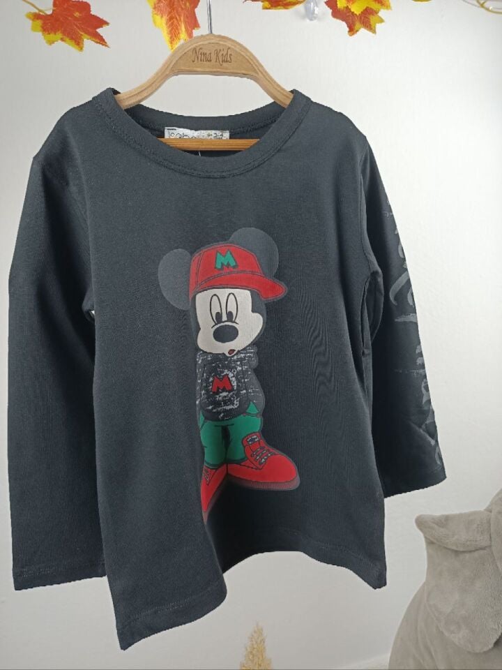 Unisex Mickey Mouse Desenli Bisiklet Yaka Sweatshirt (Sol Kolda Yazı Detaylı)