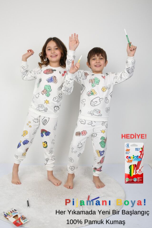 Boyama Kalemi Hediyeli BOYANABİLİR Çocuk Pijama Takımı