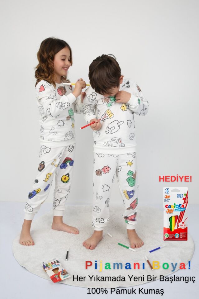 Boyama Kalemi Hediyeli BOYANABİLİR Çocuk Pijama Takımı