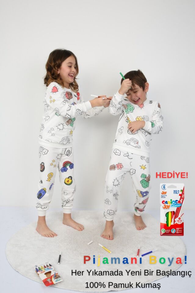Boyama Kalemi Hediyeli BOYANABİLİR Çocuk Pijama Takımı